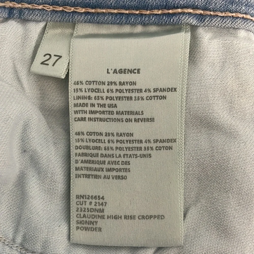 L'Agence Claudine High Rise Cropped Skinny Jeans Size 27